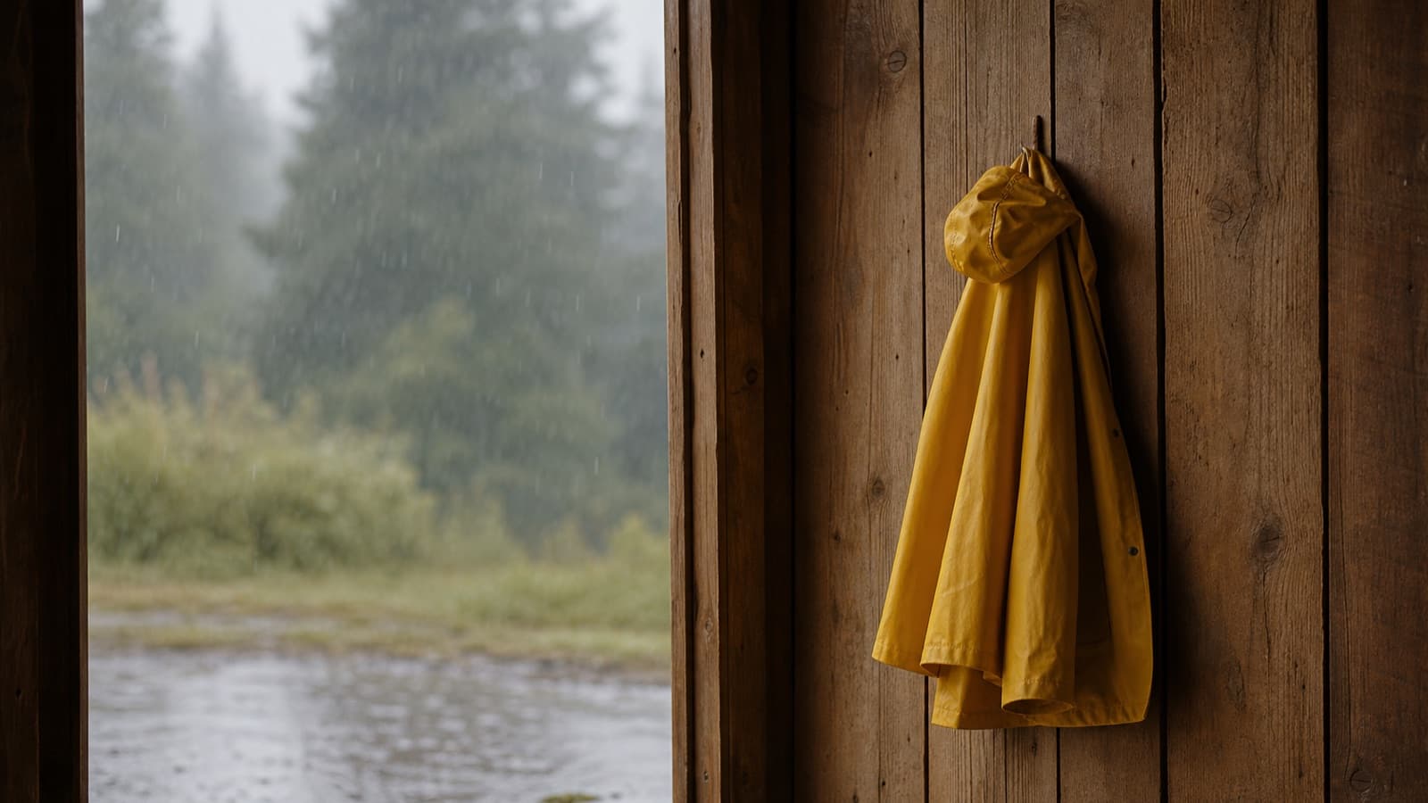 เสื้อกันฝนสีเหลืองแขวนอยู่บนตะขอข้างผนังไม้ มองผ่านช่องประตูออกไปเห็นสายฝนพร่ามัวและทุ่งหญ้าเขียวด้านนอก
